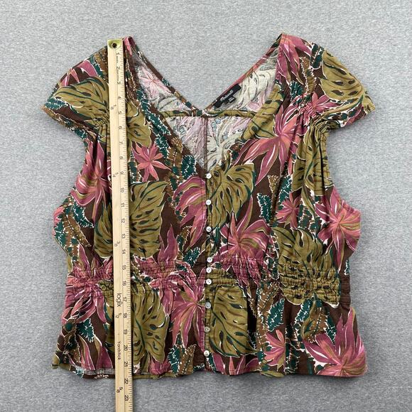 Madewell Top Womens XXL Green Pink Tropical Floral Linen Blend Cap Sleeve Summer - Picture 7 of 15